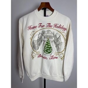 Vintage Hanes Bowie Texas Home For The Holidays Christmas Sweatshirt White Large